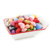 A collection of ten silicone heart beads in various pastel and vibrant colors arranged in a white dish.