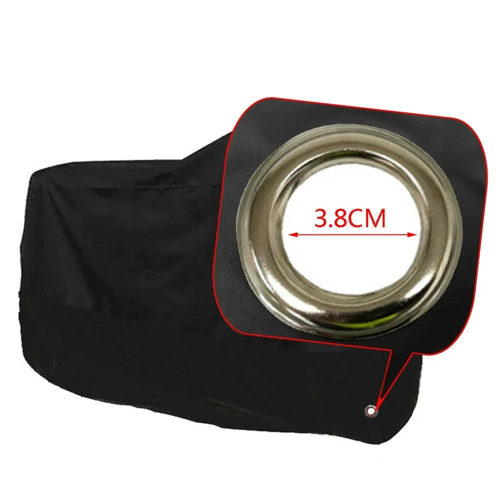 Black all-weather motorcycle cover with a circular anti-theft lock visible on the side.