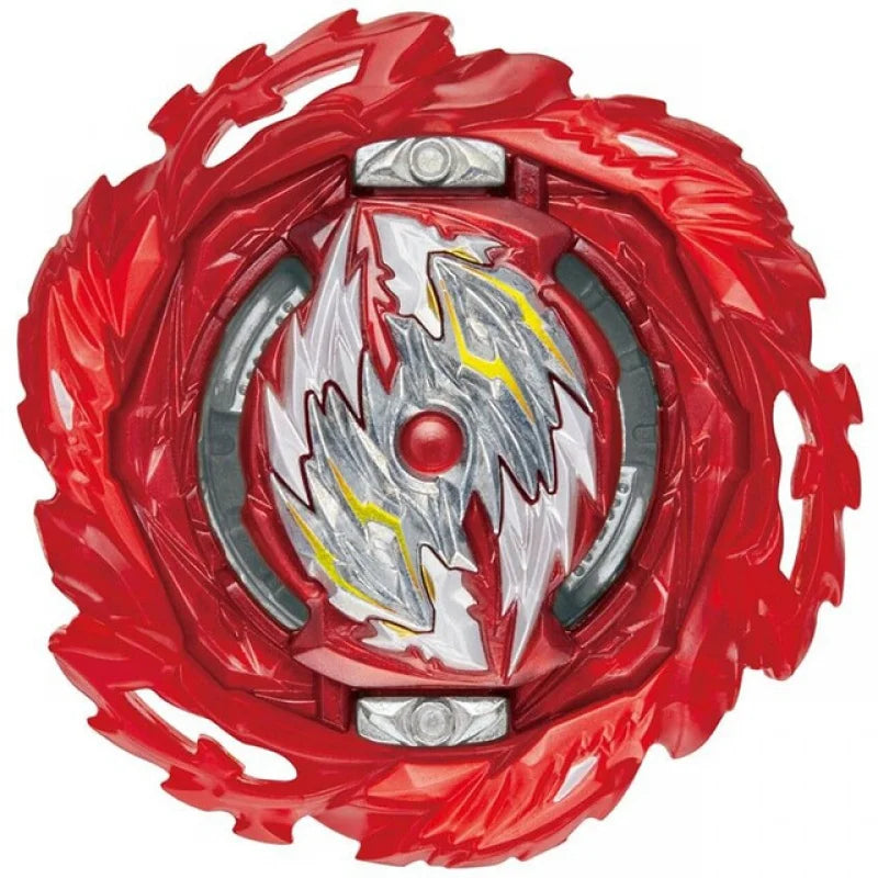 A red battle spinning top with metal construction featuring a central silver and white design.