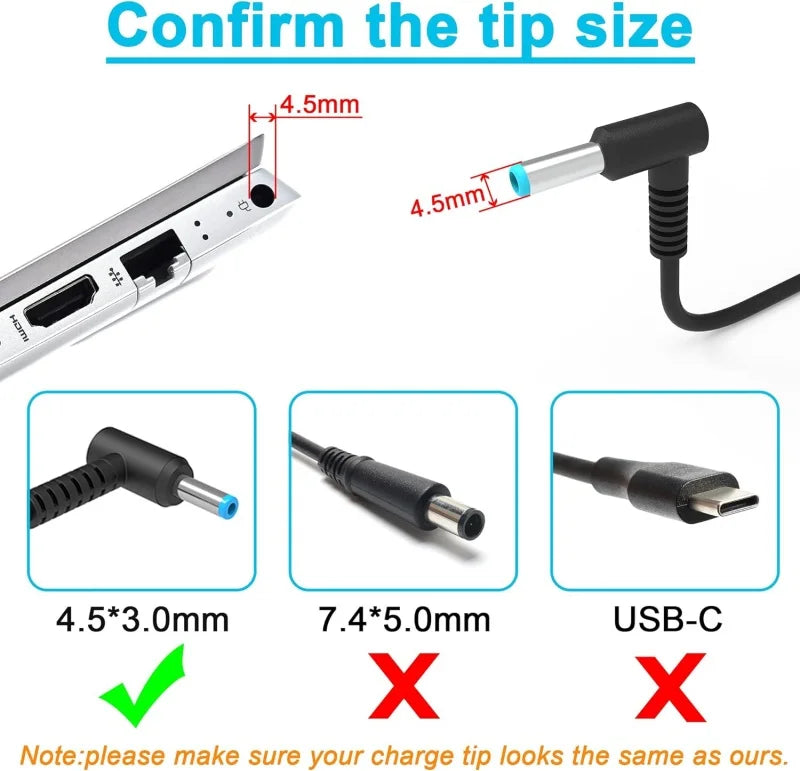 65W HP Laptop Charger with 4.5mm Blue Tip Connector