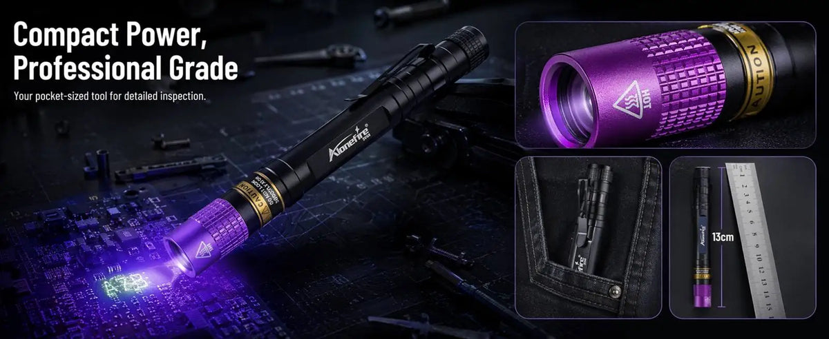 A compact professional-grade UV flashlight is shown illuminating a circuit board and a small object.