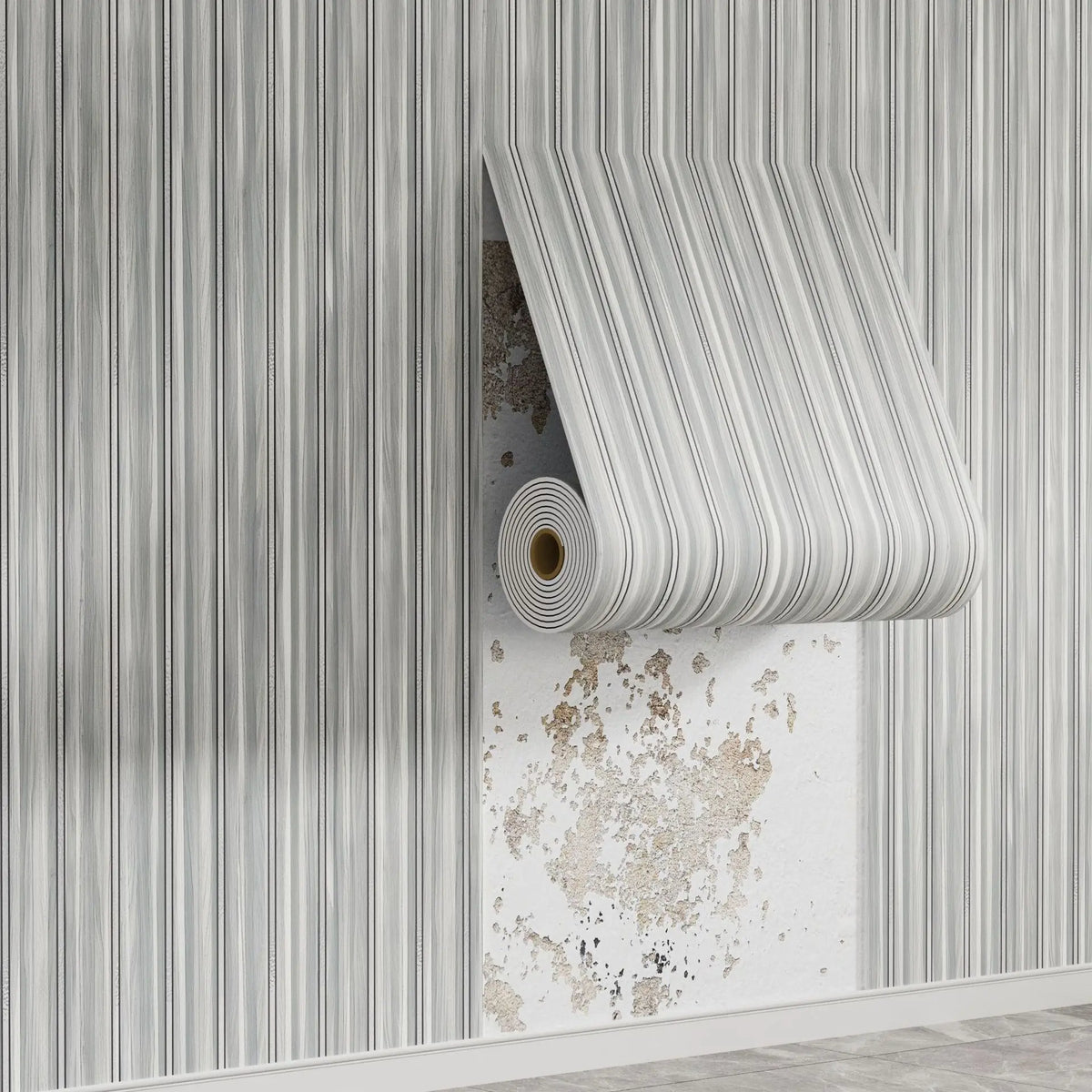 Roll of wood grain peel-and-stick wall tiles in light gray and white stripes mounted on a white wall.