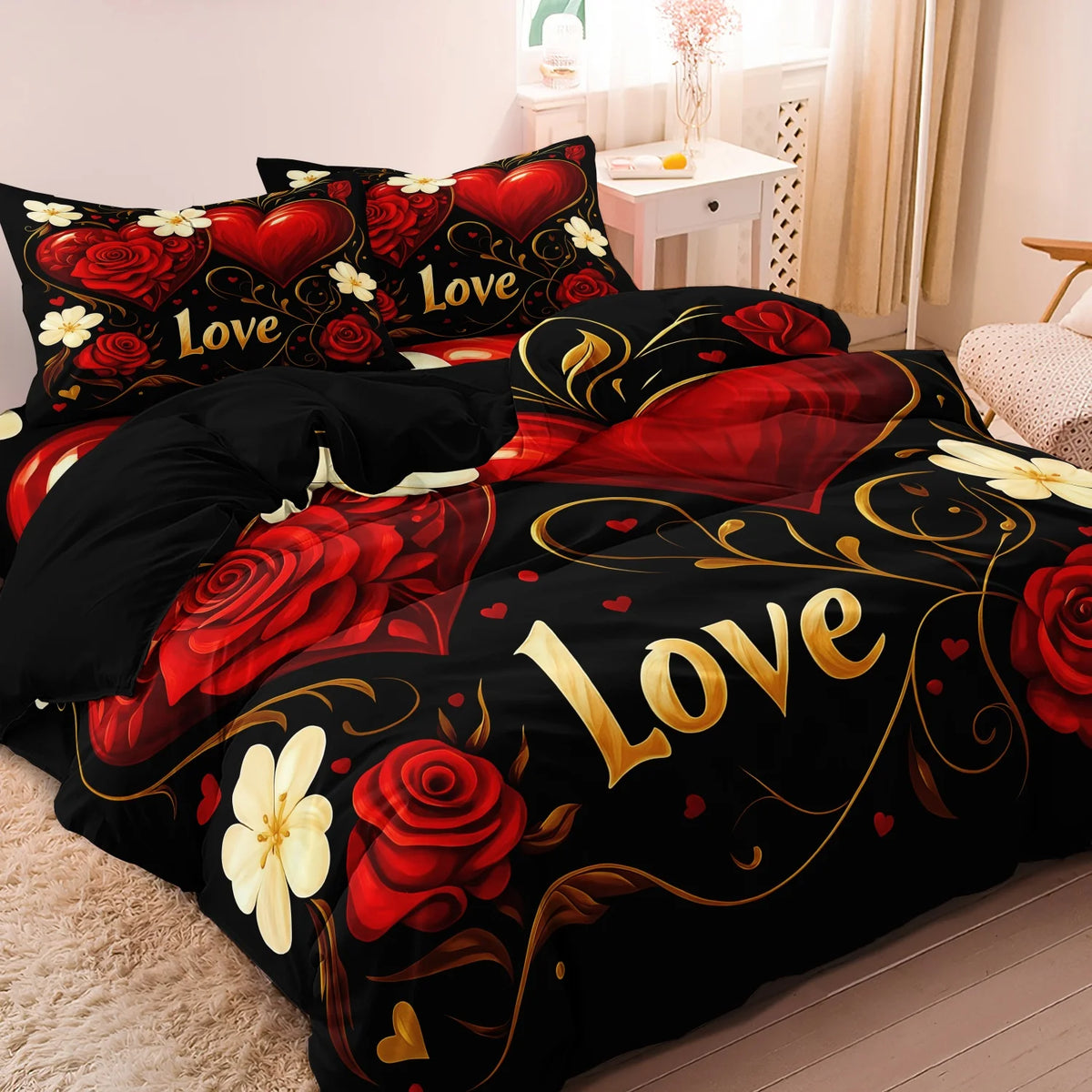 Floral Heart Print Duvet Cover Set with Pillowcases