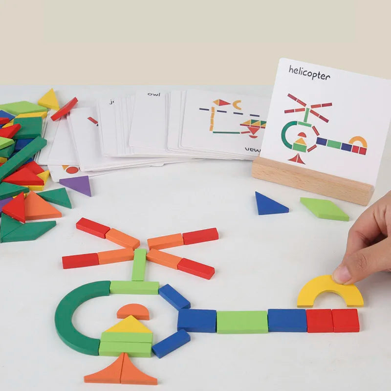 Wooden Shape Matching Puzzle Set with 102 Blocks and 48 Cards