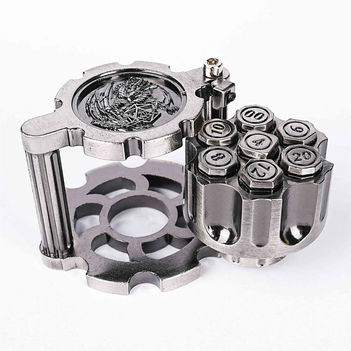 Golden Metal Revolver Dice Set for Tabletop RPGs
