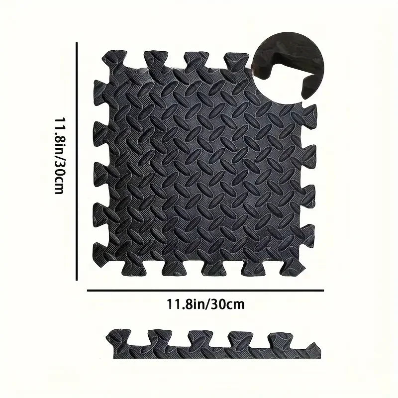 Black interlocking EVA foam exercise mat with textured surface and grip features.