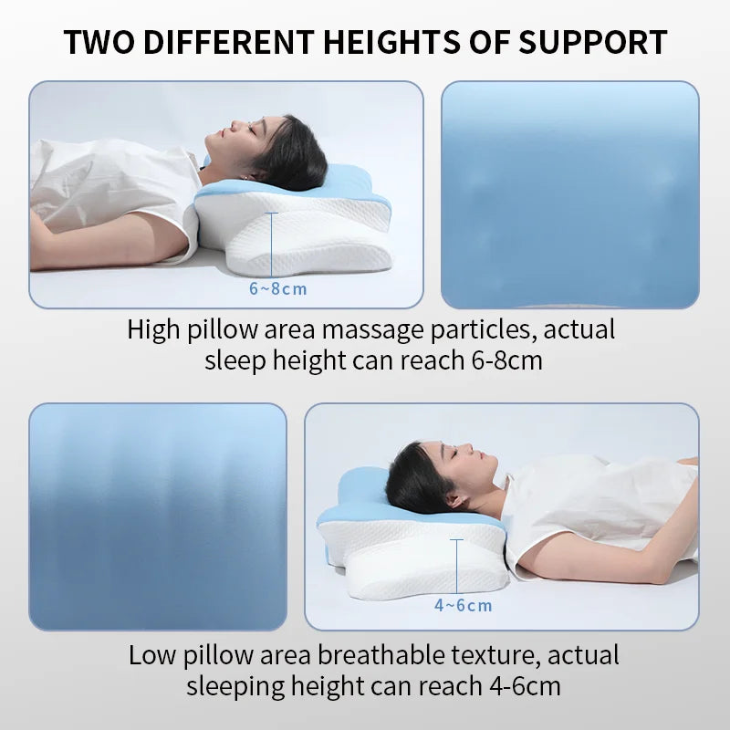 Comparison of two heights of support for an ergonomic memory foam cervical pillow, showing 6-8cm and 4-6cm sleeping heights.
