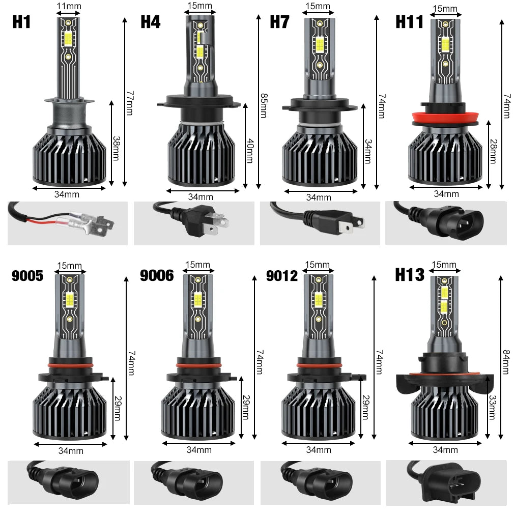 A collection of XSTORM LED car headlight bulbs including H1, H4, H7, H11, 9005, 9006, 9012, and H13 models with various conne