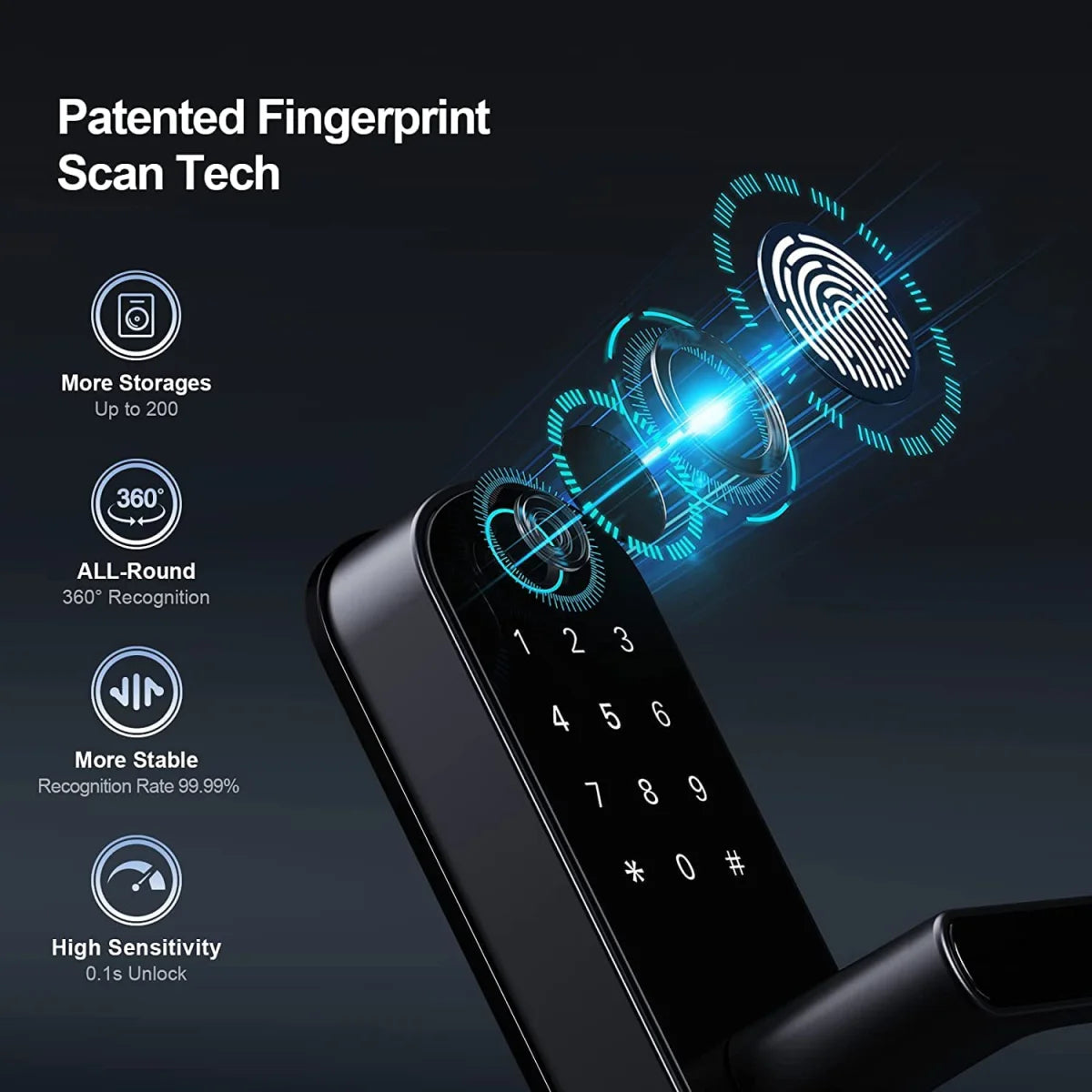 A close-up view of a black fingerprint scanner device demonstrating its features and technology.