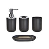 A set of four black bathroom accessories including a soap dispenser, holder, and dish.