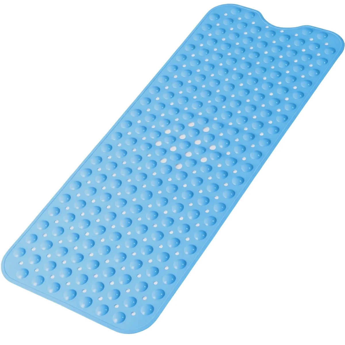 A light blue non-slip bathtub mat with numerous suction cups for grip.