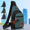 A dark green and black water-resistant crossbody bag is shown with multiple strap options on a wooden surface.