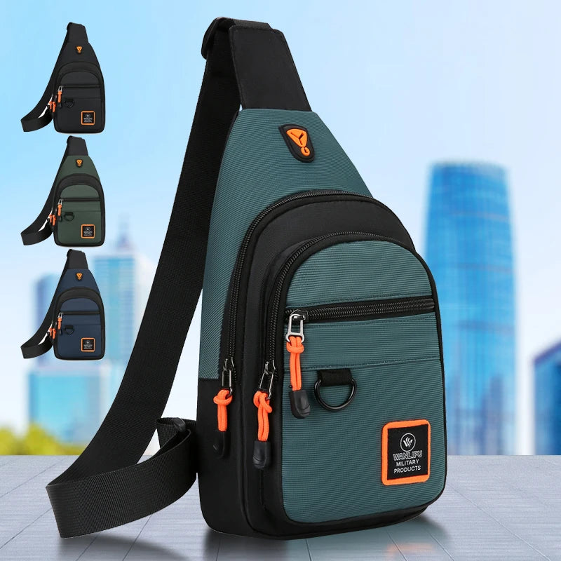 A dark green and black water-resistant crossbody bag is shown with multiple strap options on a wooden surface.