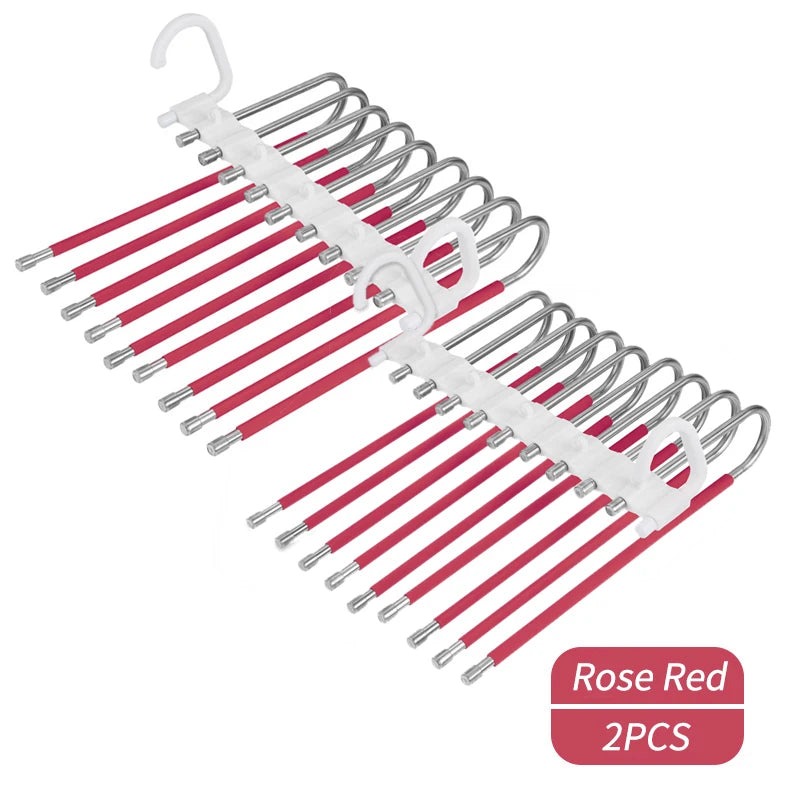 A set of 9-layer non-slip stainless steel pants hangers in rose red color.
