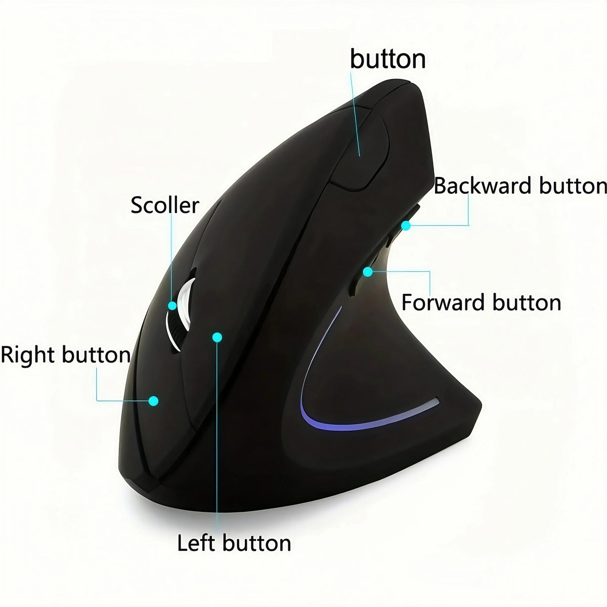 A black vertical ergonomic wireless mouse showing various buttons including scroller and directional buttons.