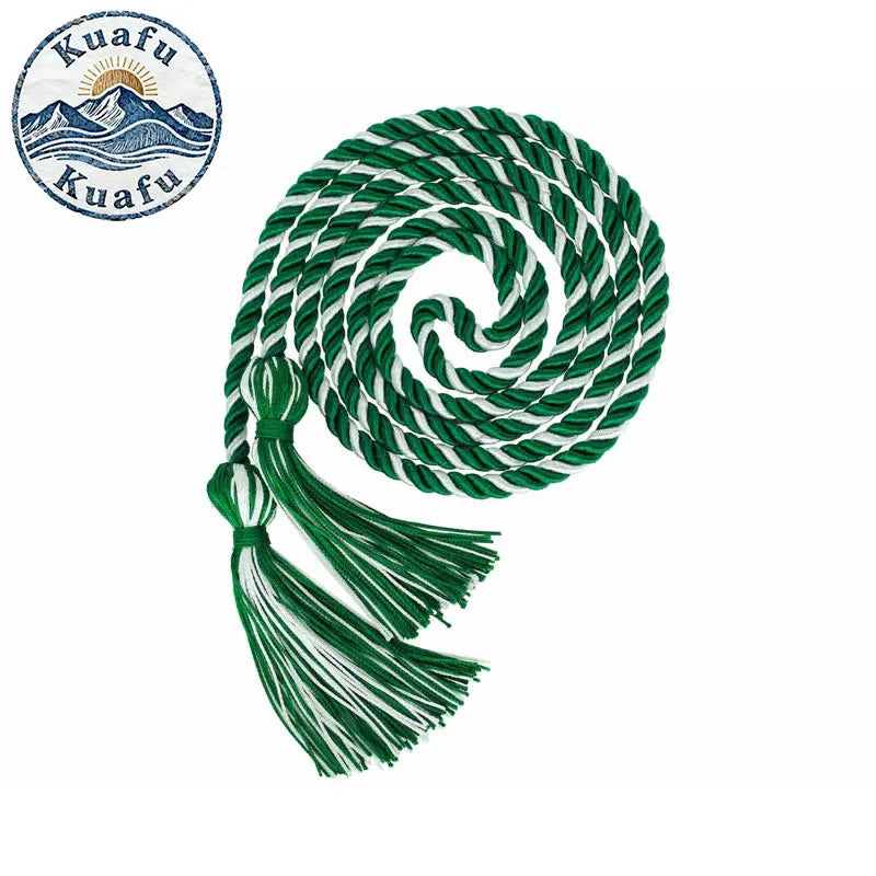Green graduation honor cords with tassels featuring double fringe trim for ceremonies and crafts