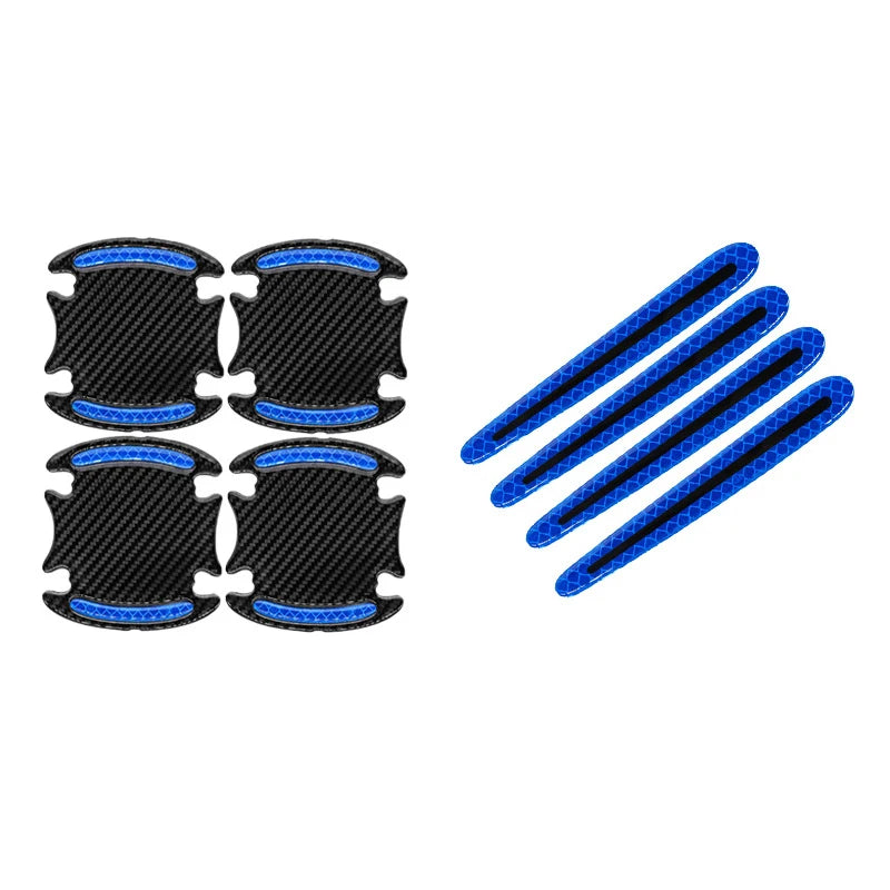 Eight carbon fiber reflective stickers designed to protect car door handles.