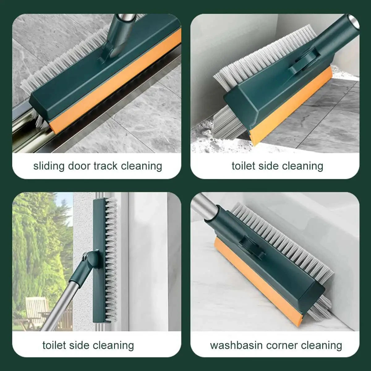 Three versions of a rotating floor scrub brush with long handles used for cleaning door tracks, toilets, and washbasin corner