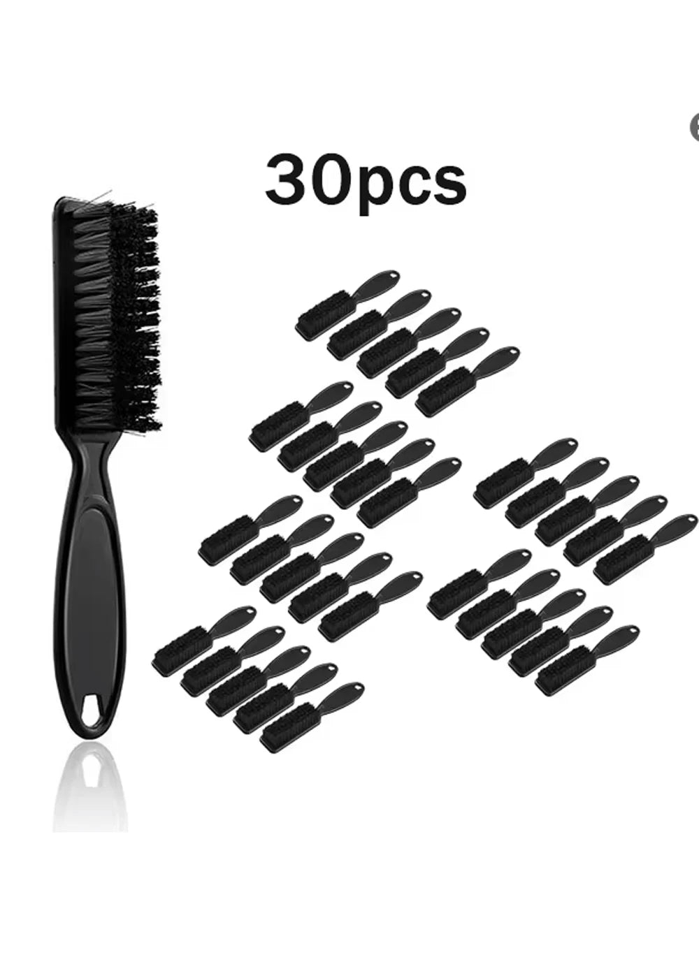 A set of 30 black grooming brushes for wigs and beards, including a large comb and multiple smaller tools.