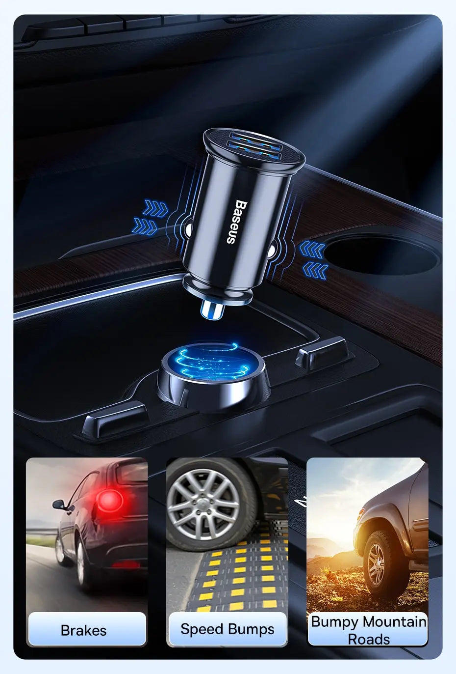 A Baseus 30W dual-port USB-C car charger is shown with various automotive features like brakes, speed bumps, and bumpy mounta