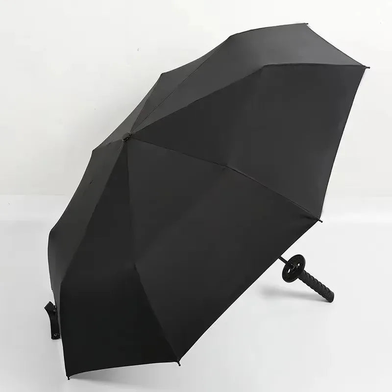 A black, anime-inspired folding parasol or umbrella is shown against a white background.