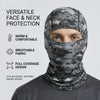 A man wearing a versatile camouflage face and neck protection balaclava cap