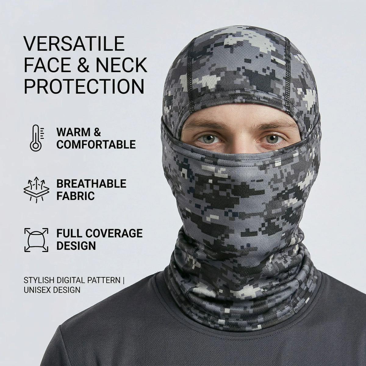 A man wearing a versatile camouflage face and neck protection balaclava cap
