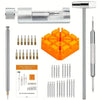 A set of silver watch band link remover and pin adjustment tools including a main tool and various pins and components.