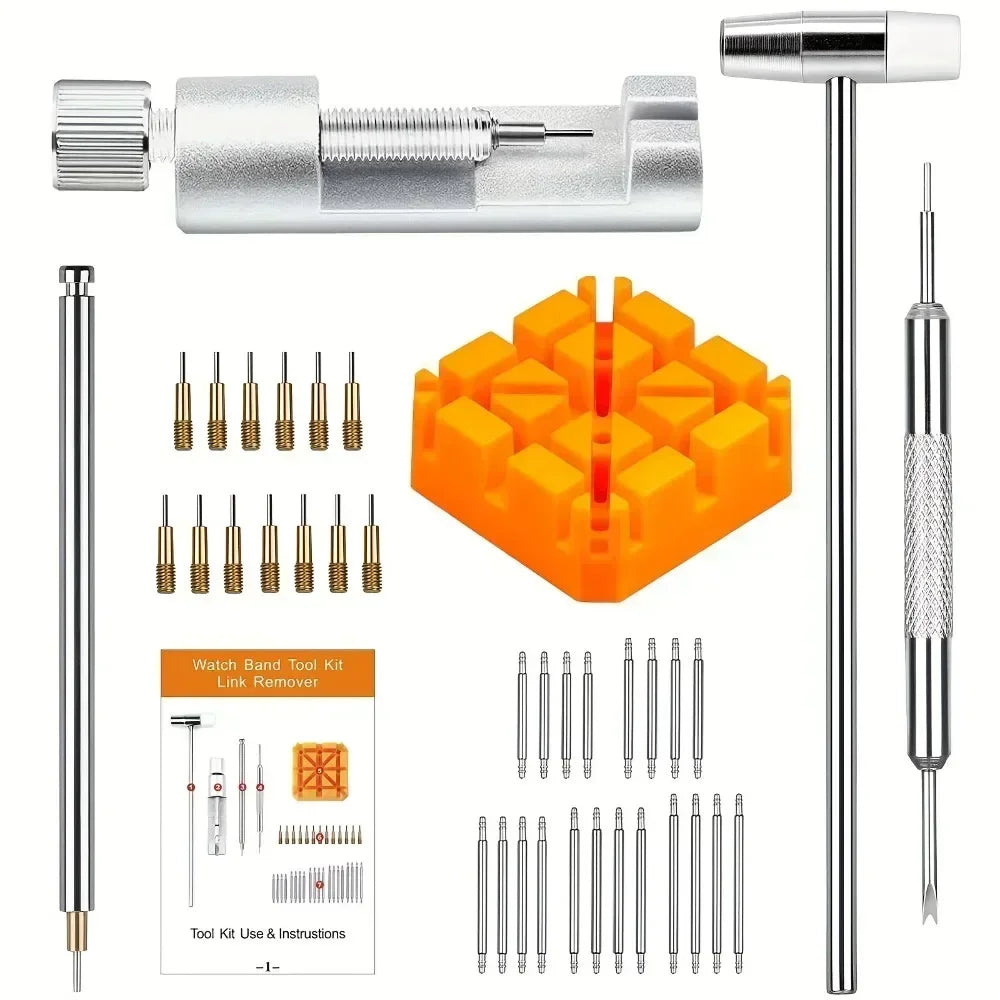 A set of silver watch band link remover and pin adjustment tools including a main tool and various pins and components.