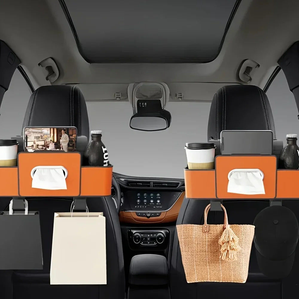 Backseat car organizer with cup holders and hooks shown in a car interior.