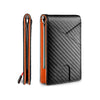 A black carbon fiber wallet with an orange accent, shown open and closed.