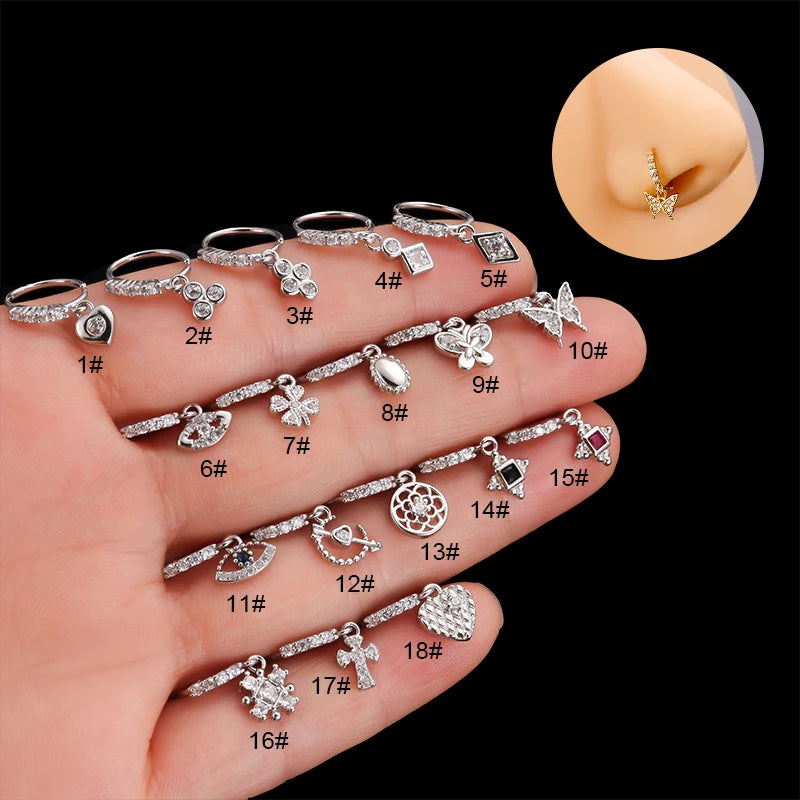Surgical Steel Dangle Nose Stud with CZ Heart & Crown