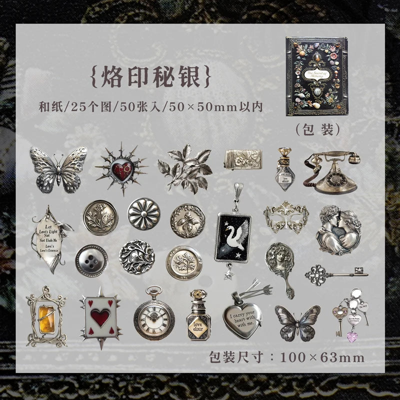 A collection of 50 metal-embossed decorative stickers featuring butterflies, leaves, and vintage motifs for journaling.