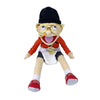 A plush toy of Jeffy featuring a black hat, yellow glasses, and an orange shirt.