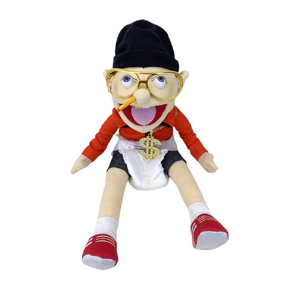 A plush toy of Jeffy featuring a black hat, yellow glasses, and an orange shirt.
