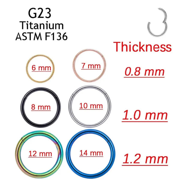 A set of G23 Titanium ASTM F136 hoop rings with various diameters from 6 mm to 14 mm and thicknesses from 0.8 mm to 1.2 mm.