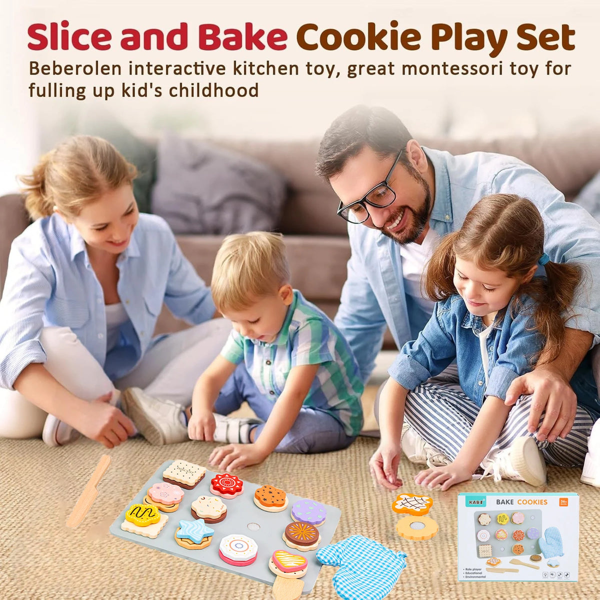 A family is playing with a Slice and Bake cookie play set featuring wooden cookies and baking accessories.