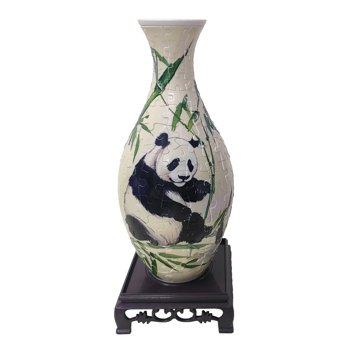 A ceramic vase shaped like a panda, featuring a green leaf pattern and a white background.
