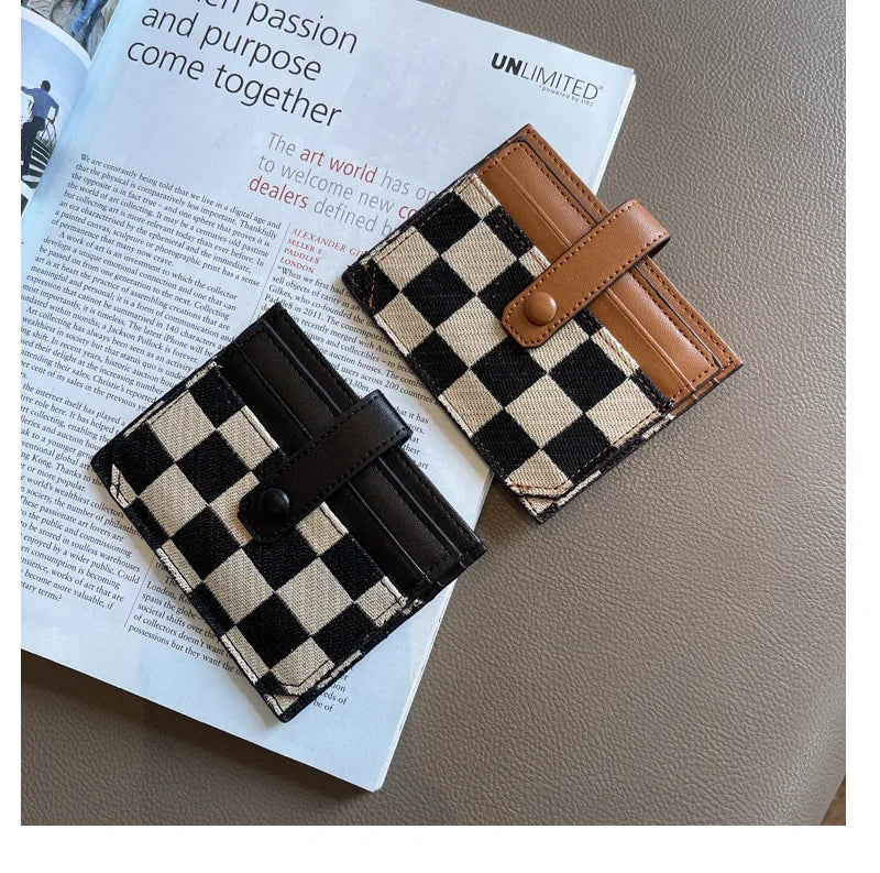 Checkered Canvas Card Wallet with Buckle Closure
