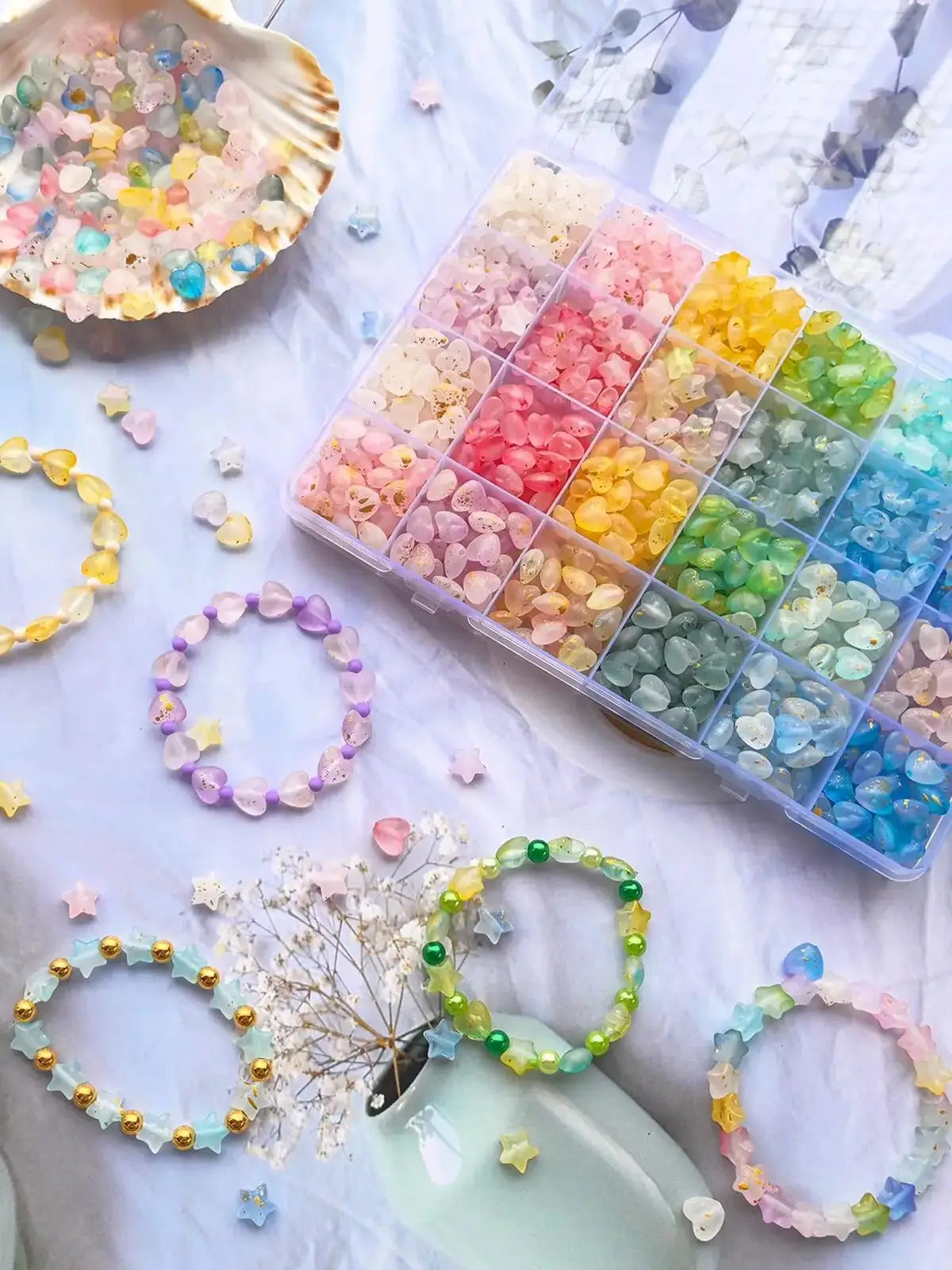 Acrylic Star & Heart Beads Set with Golden Foil Finish