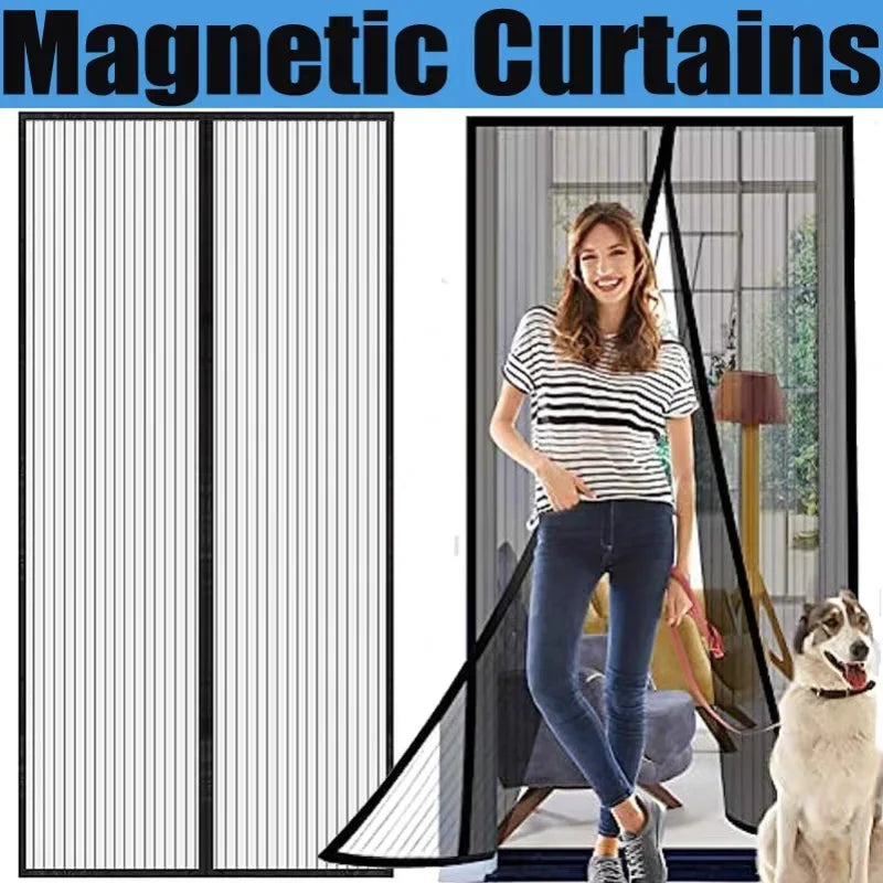 Magnetic curtains installed on a glass door, showing a woman standing in the background.
