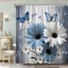 Blue & White Daisy Butterfly Shower Curtain with Hooks