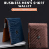 A dark blue carbon fiber business men's short wallet shown open and closed on a gray surface.