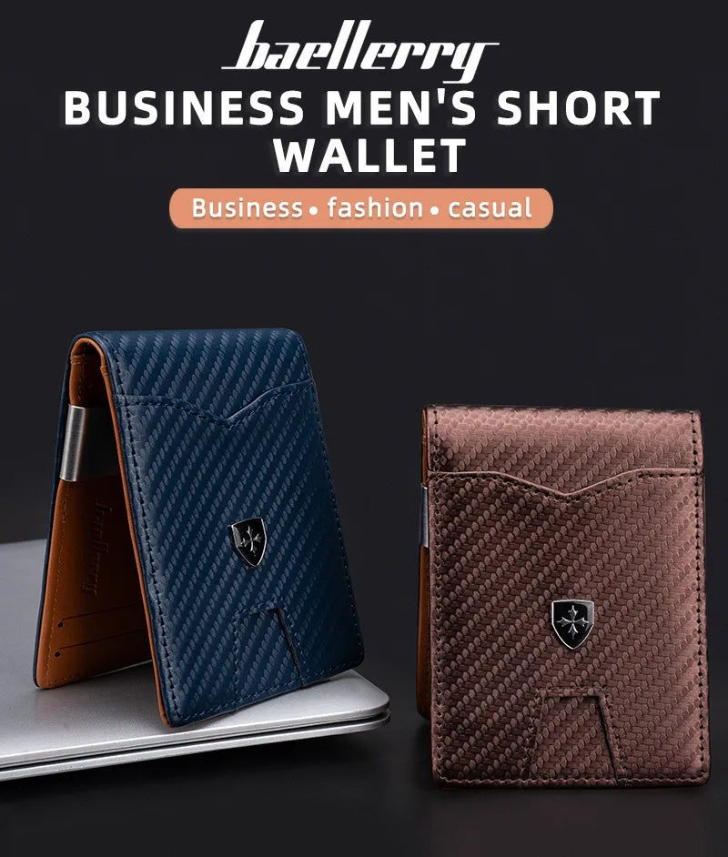 A dark blue carbon fiber business men's short wallet shown open and closed on a gray surface.