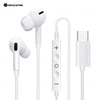 A white in-ear wired earphone set with a microphone and accompanying cable.