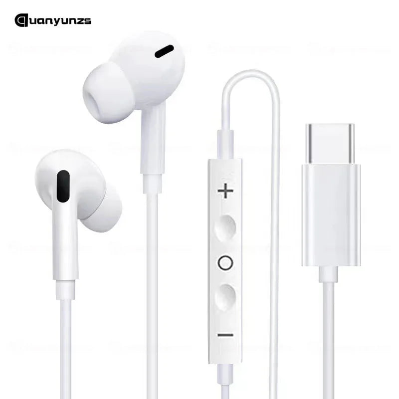 A white in-ear wired earphone set with a microphone and accompanying cable.