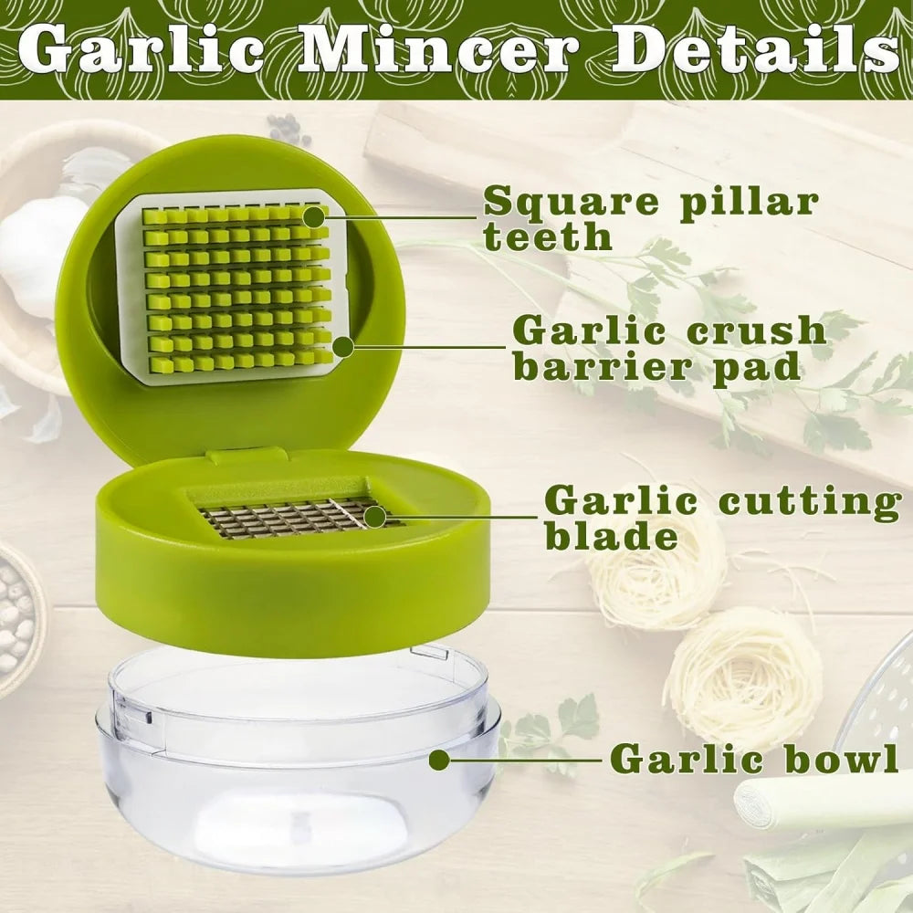 A green garlic mincer set showing the square pillar teeth, cutting blade, and bowl on a wooden surface.