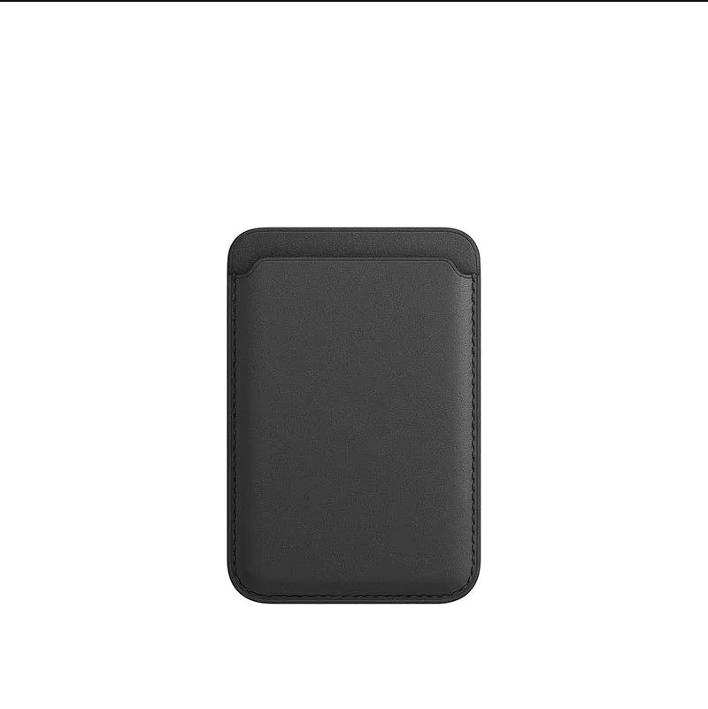 A dark gray premium leather wallet case designed for MagSafe compatibility.