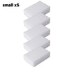 Five white melamine sponge cleaning erasers stacked vertically.
