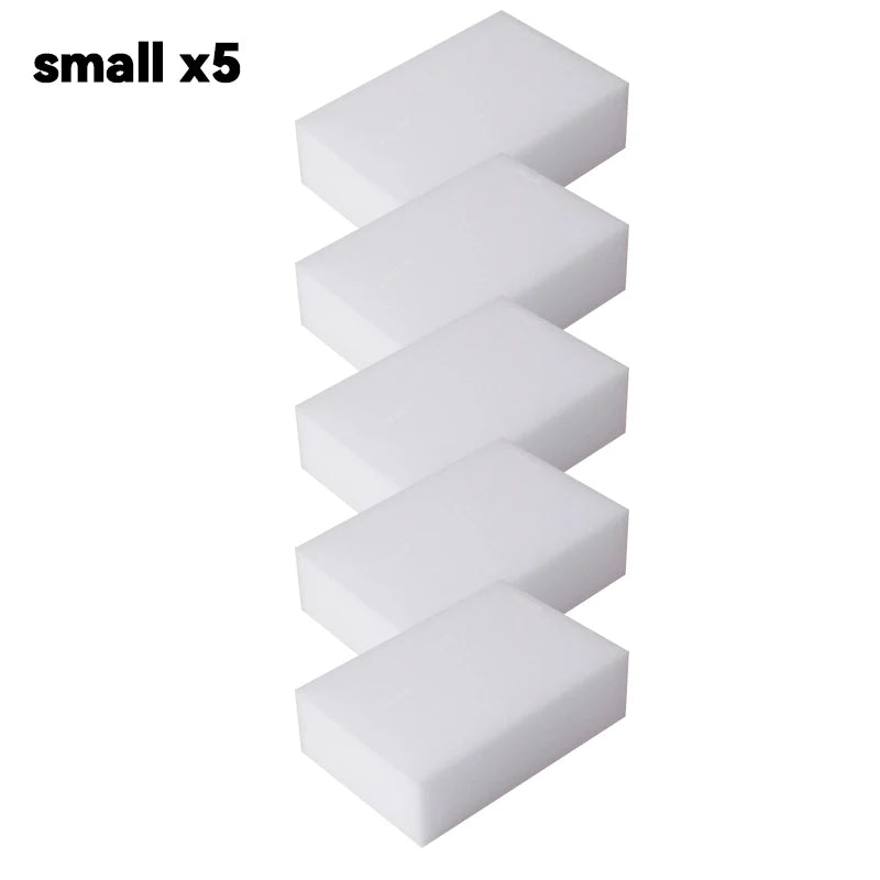 Five white melamine sponge cleaning erasers stacked vertically.